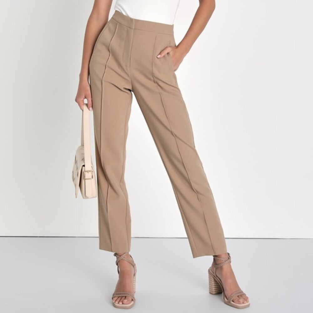 Lulus Chic Business Khaki High-waisted Trouser Pants Beige - Size S